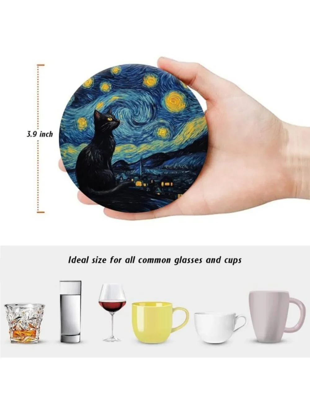 Set of 6 Absorbent Round Ceramic Cat Coasters with Cork Base & Metal Holder